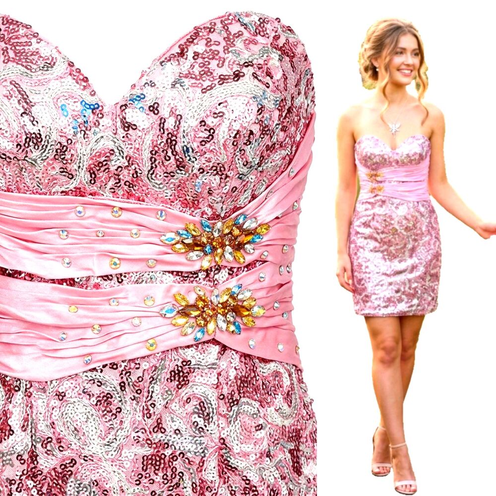 Vintage Y2K May Queen Pink Sequin short fitted Homecoming Dress sz 6 Fits 4 XS